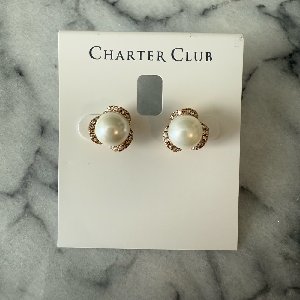 Charter Club Faux White Pearl and Gold Stud Earrings - NWT new with tags